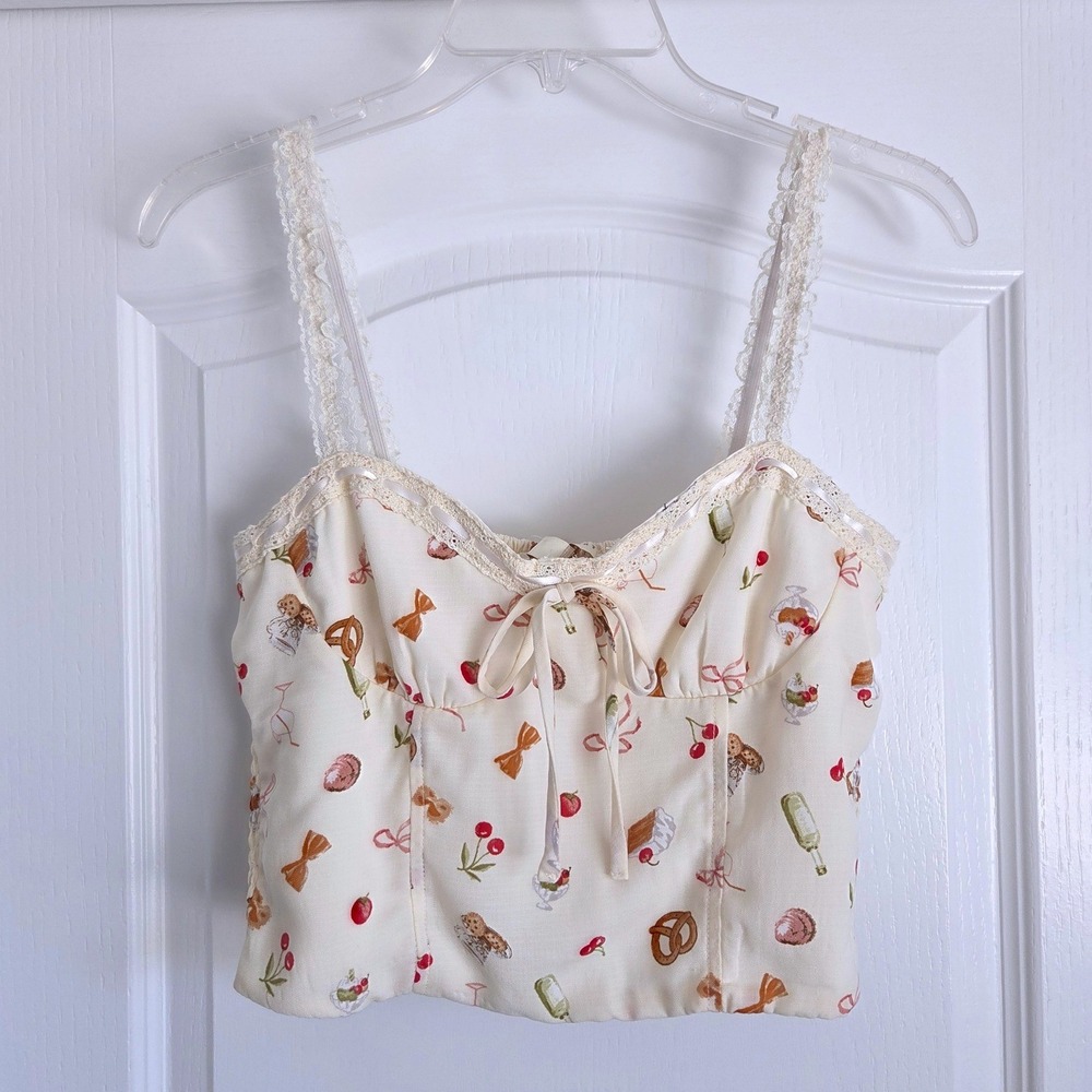 Thirty Thirty LA Cream Cherry Picnic Lace Trim Smocked Corset Crop Top Sz L